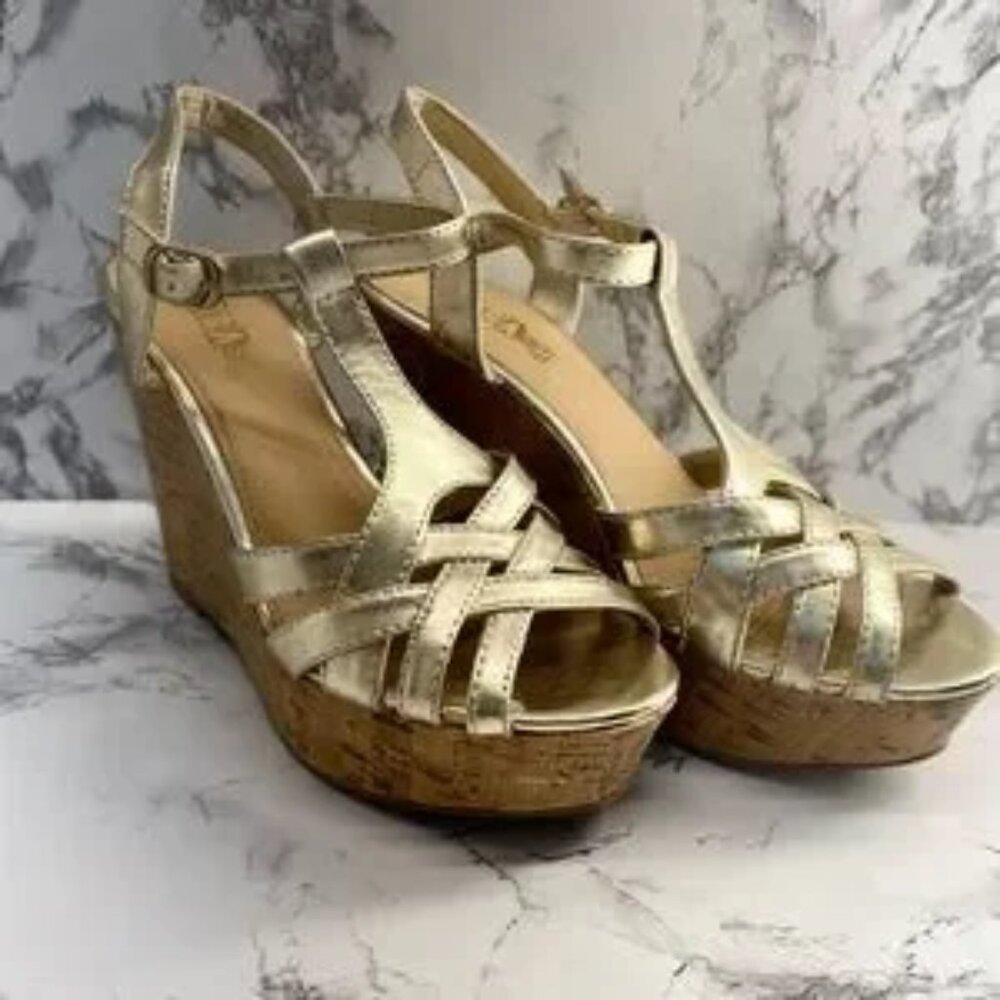 Brash Gold Metallic Strappy Cork Wedges Size 7